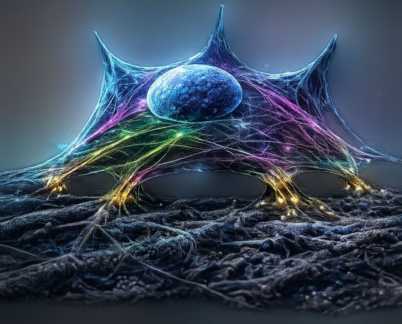 Artistic rendering of a cell on a fibrous matrix